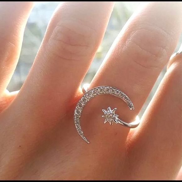 Moon & Star Open Adjustable Silver Stamp .925 Ring - Picture 1 of 7